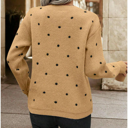Women's Long Sleeve Crewneck Sweater Fall Casual Polka Dots Knitted Pullover Top