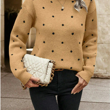 Women's Long Sleeve Crewneck Sweater Fall Casual Polka Dots Knitted Pullover Top