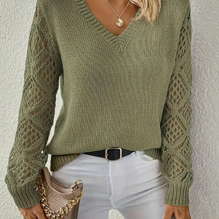 Women Knitted V Neck Hollow Sweater Casual Long Sleeve Pullover Tops