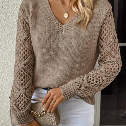 Women Knitted V Neck Hollow Sweater Casual Long Sleeve Pullover Tops