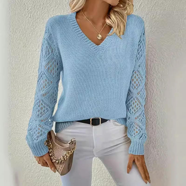 Women Knitted V Neck Hollow Sweater Casual Long Sleeve Pullover Tops