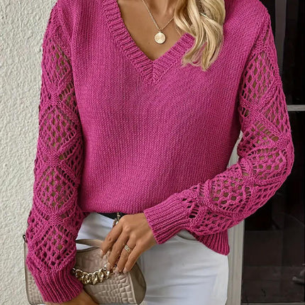 Women Knitted V Neck Hollow Sweater Casual Long Sleeve Pullover Tops