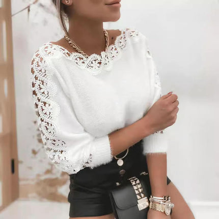 Women Casual Lace Long Sleeve Crew Neck Fall Sweaters Knitted Pullover Tops