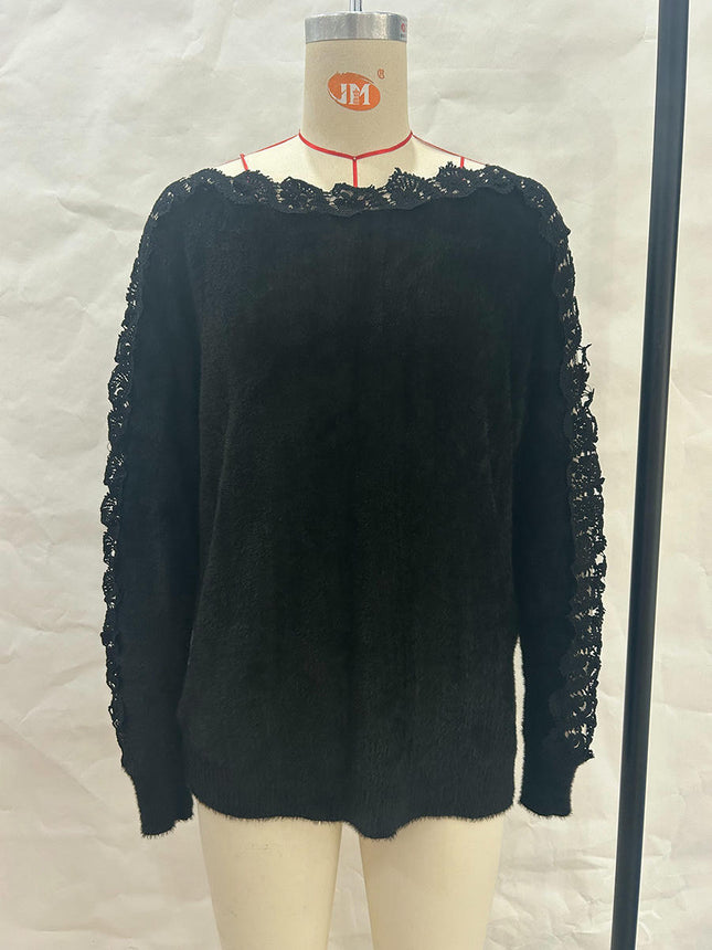 Women Casual Lace Long Sleeve Crew Neck Fall Sweaters Knitted Pullover Tops