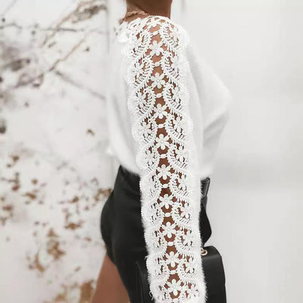 Women Casual Lace Long Sleeve Crew Neck Fall Sweaters Knitted Pullover Tops