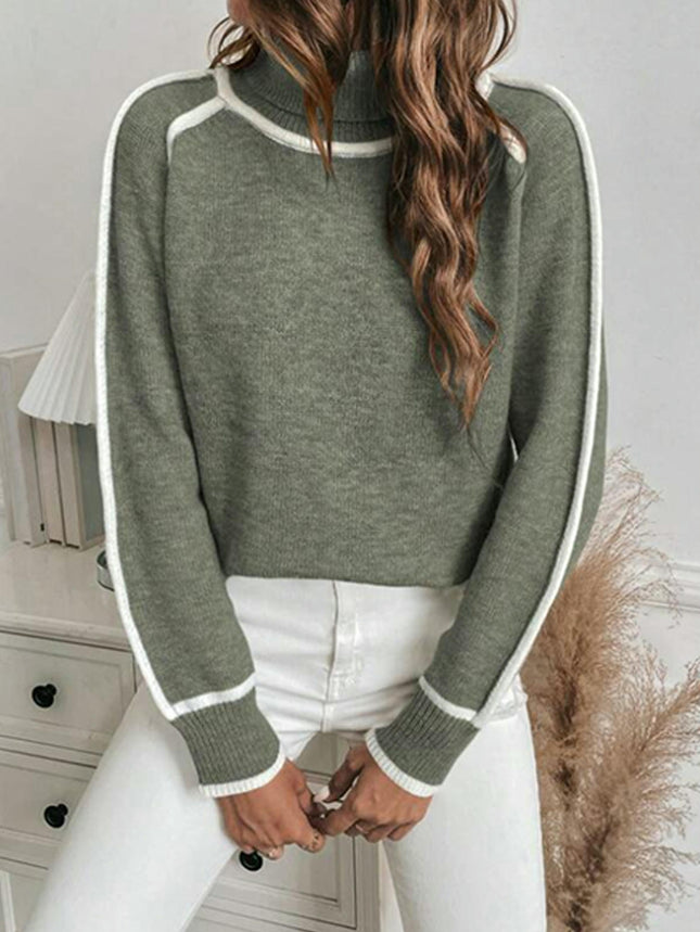 Womens Casual Long Sleeve Turtleneck Pullover Sweater Knit Color Block Tops