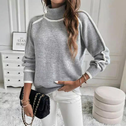 Womens Casual Long Sleeve Turtleneck Pullover Sweater Knit Color Block Tops