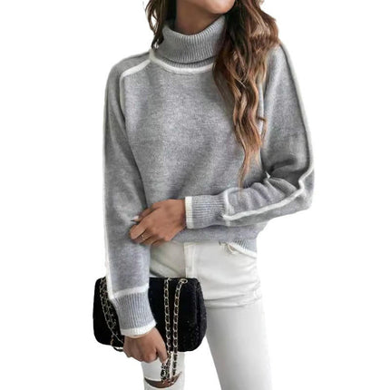 Womens Casual Long Sleeve Turtleneck Pullover Sweater Knit Color Block Tops