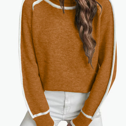 Womens Casual Long Sleeve Turtleneck Pullover Sweater Knit Color Block Tops