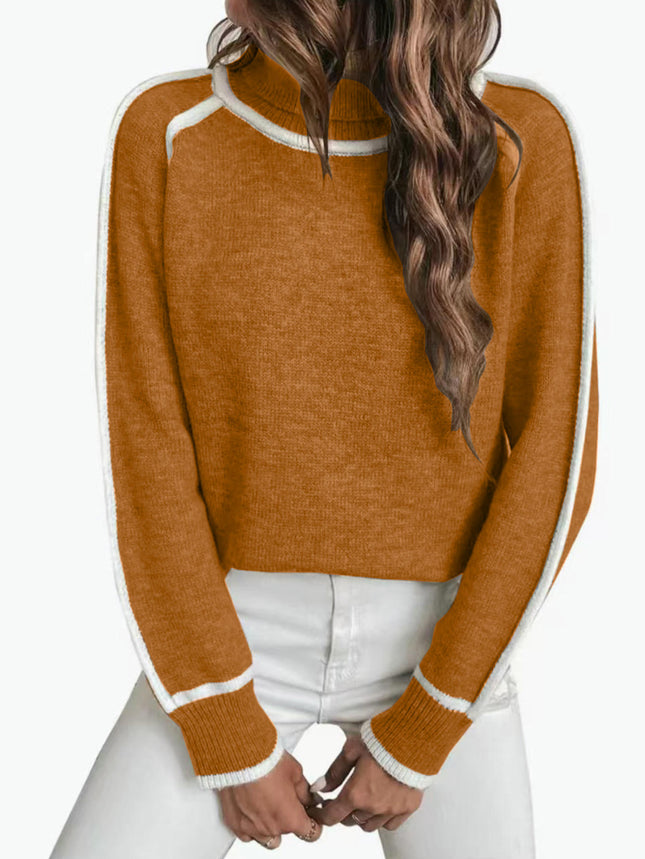 Womens Casual Long Sleeve Turtleneck Pullover Sweater Knit Color Block Tops