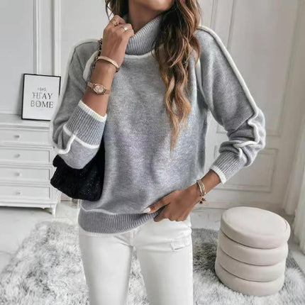 Womens Casual Long Sleeve Turtleneck Pullover Sweater Knit Color Block Tops