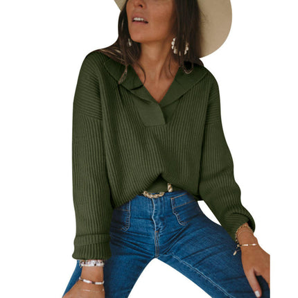 Women's Casual Long Sleeve V Neck Collared Pullover Sweater Knitted Top