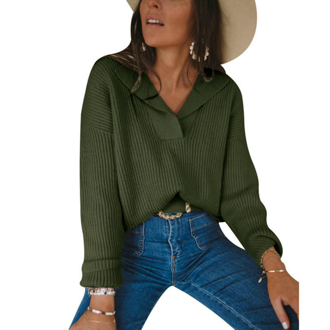Women's Casual Long Sleeve V Neck Collared Pullover Sweater Knitted Top