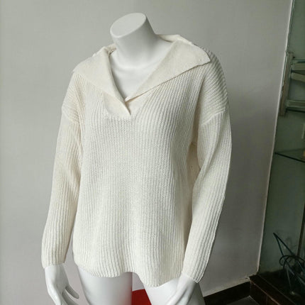 Women's Casual Long Sleeve V Neck Collared Pullover Sweater Knitted Top