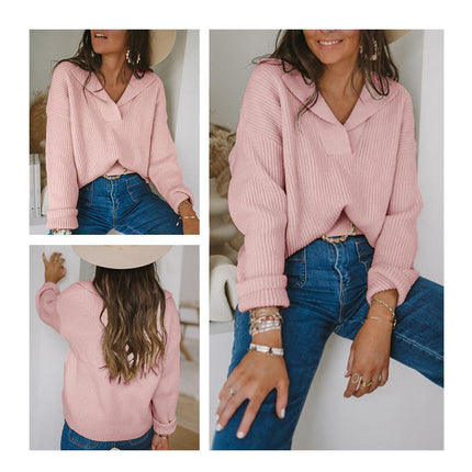 Women's Casual Long Sleeve V Neck Collared Pullover Sweater Knitted Top
