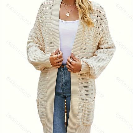 Womens Hollow Cardigan Long Sleeve Casual Open-Front Sweater with Pockets