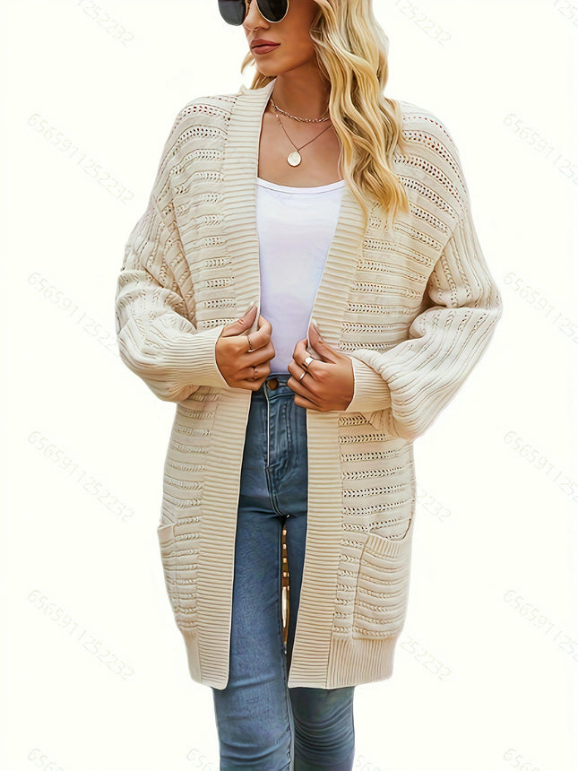 Womens Hollow Cardigan Long Sleeve Casual Open-Front Sweater with Pockets