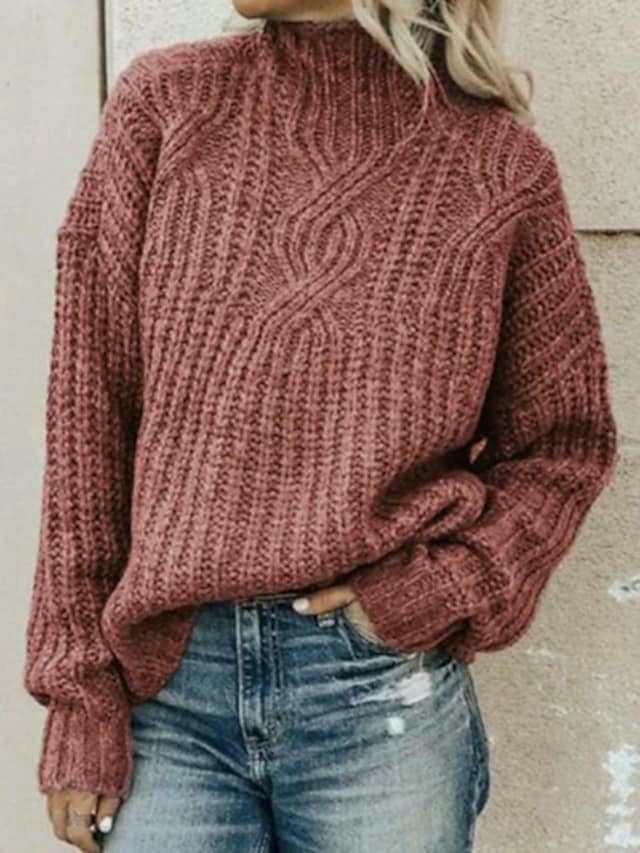 Women's Mock Neck Chunky Sweater Knit Pullover Long Sleeve Tops