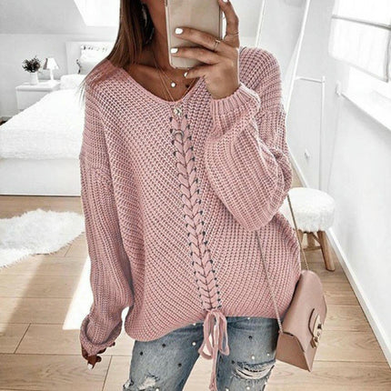 Womens V-Neck Pullover Drawstring Sweater Fall Long Sleeve Casual Loose Fit Top