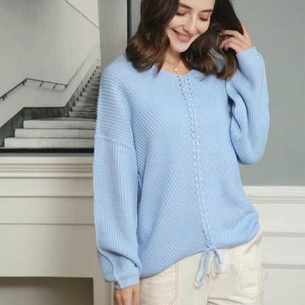 Womens V-Neck Pullover Drawstring Sweater Fall Long Sleeve Casual Loose Fit Top