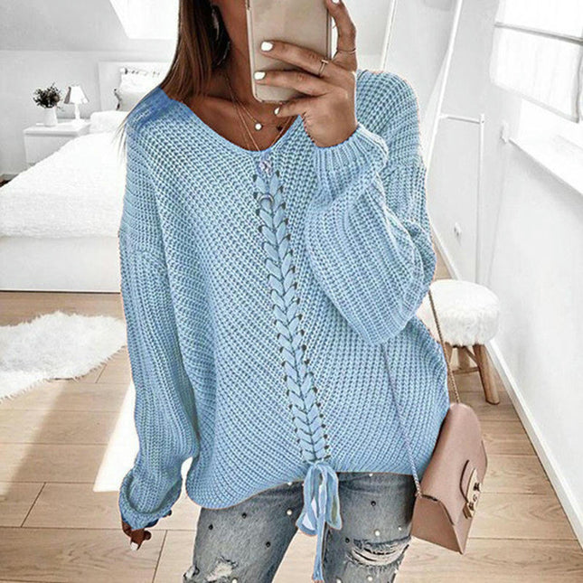 Womens V-Neck Pullover Drawstring Sweater Fall Long Sleeve Casual Loose Fit Top