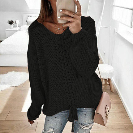 Womens V-Neck Pullover Drawstring Sweater Fall Long Sleeve Casual Loose Fit Top