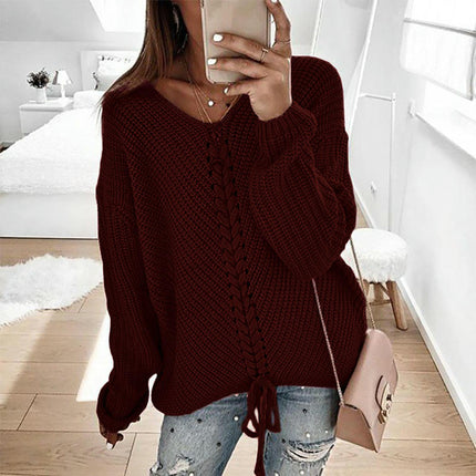 Womens V-Neck Pullover Drawstring Sweater Fall Long Sleeve Casual Loose Fit Top