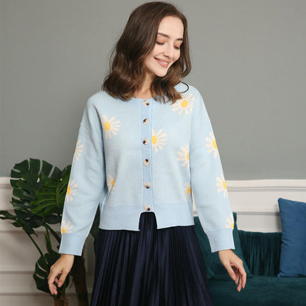 Womens Floral Cardigan Knit Button Down Crewneck Long Sleeve Sweater