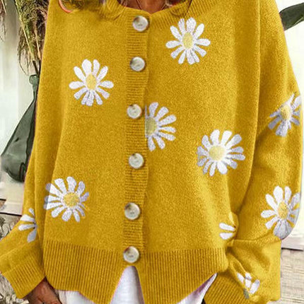 Womens Floral Cardigan Knit Button Down Crewneck Long Sleeve Sweater