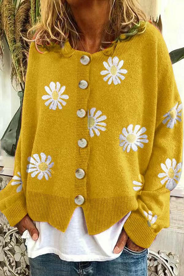 Womens Floral Cardigan Knit Button Down Crewneck Long Sleeve Sweater