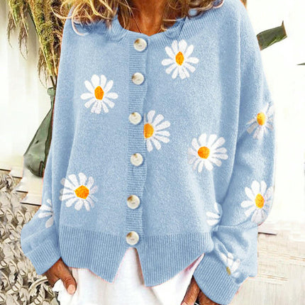 Womens Floral Cardigan Knit Button Down Crewneck Long Sleeve Sweater