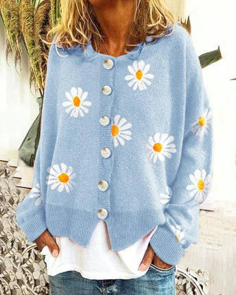 Womens Floral Cardigan Knit Button Down Crewneck Long Sleeve Sweater