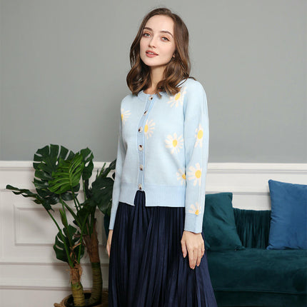 Womens Floral Cardigan Knit Button Down Crewneck Long Sleeve Sweater