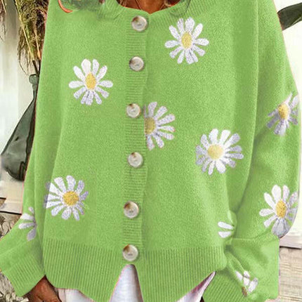 Womens Floral Cardigan Knit Button Down Crewneck Long Sleeve Sweater