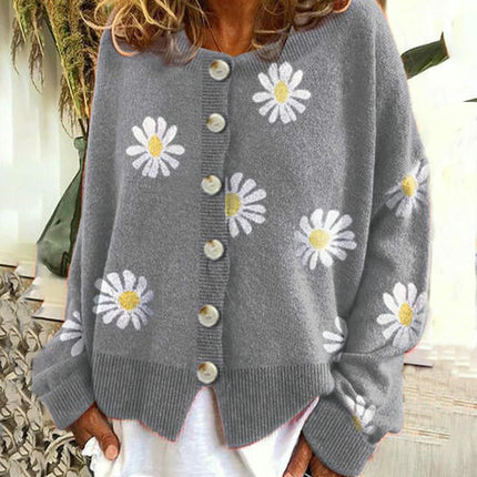 Womens Floral Cardigan Knit Button Down Crewneck Long Sleeve Sweater