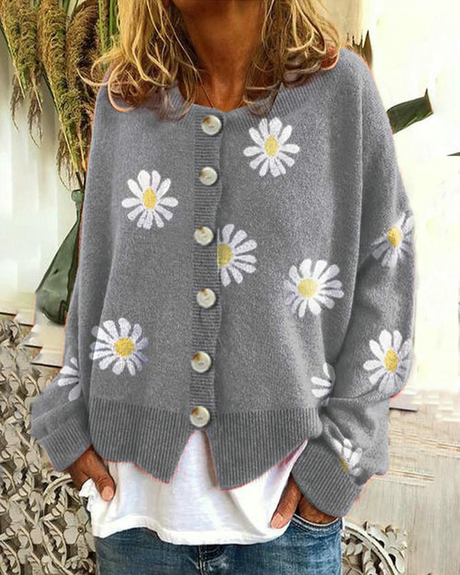 Womens Floral Cardigan Knit Button Down Crewneck Long Sleeve Sweater