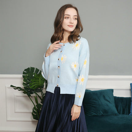 Womens Floral Cardigan Knit Button Down Crewneck Long Sleeve Sweater