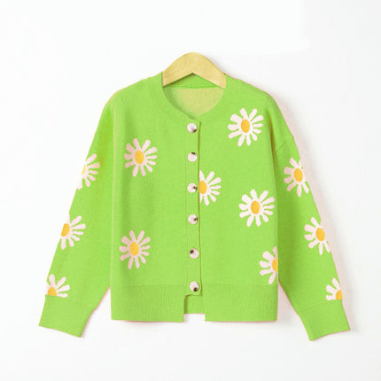 Womens Floral Cardigan Knit Button Down Crewneck Long Sleeve Sweater