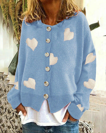 Women's Crew Neck Heart Sweater Button Down Long Sleeve Cute Cardigan