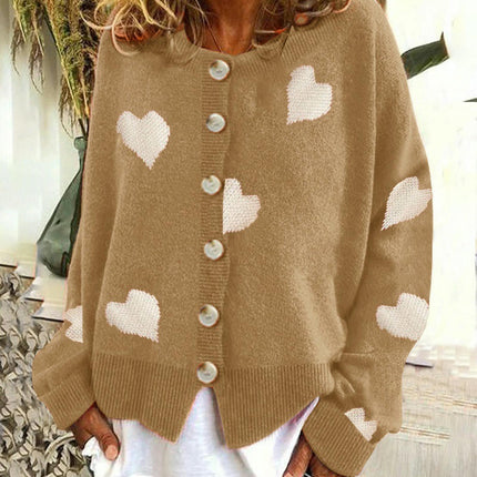 Women's Crew Neck Heart Sweater Button Down Long Sleeve Cute Cardigan