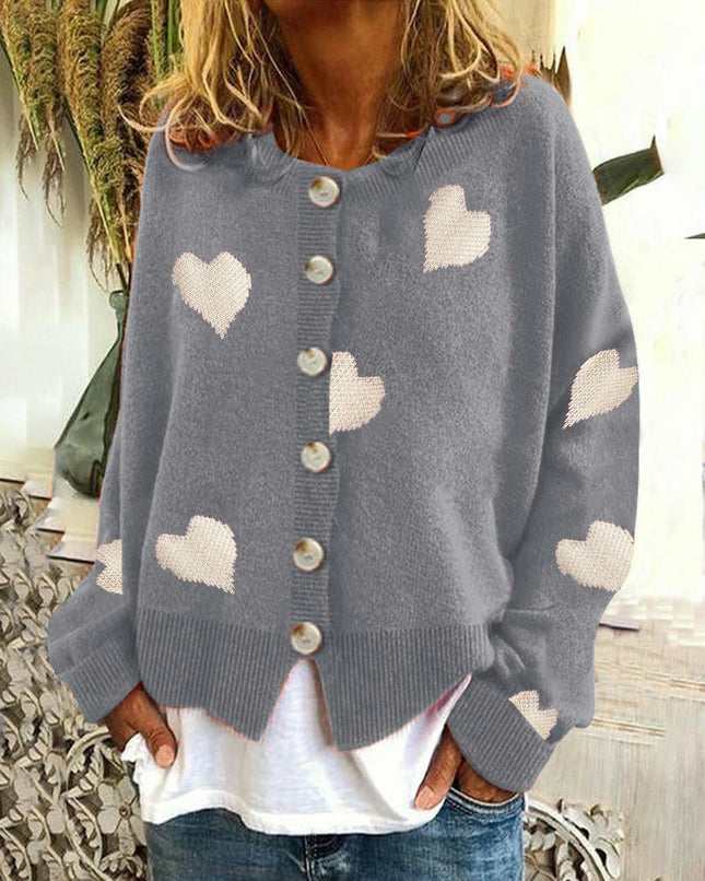 Women's Crew Neck Heart Sweater Button Down Long Sleeve Cute Cardigan