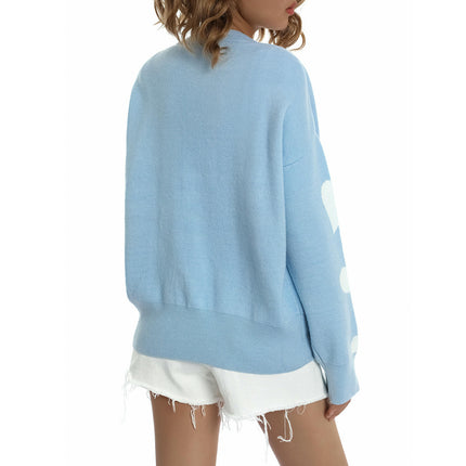 Women's Crew Neck Heart Sweater Button Down Long Sleeve Cute Cardigan