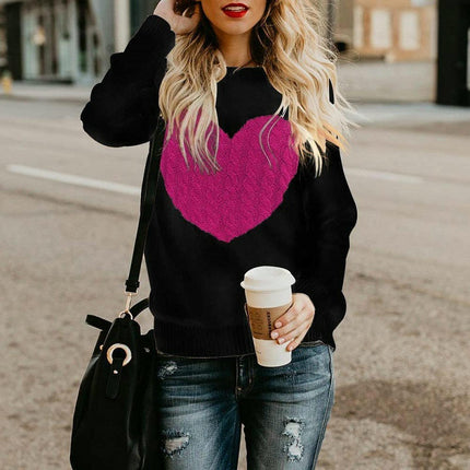 Women's Heart Sweaters Crewneck Knitted Pullover Long Sleeve Casual Top