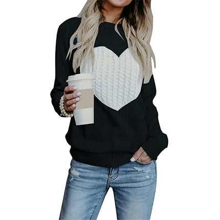 Women's Heart Sweaters Crewneck Knitted Pullover Long Sleeve Casual Top