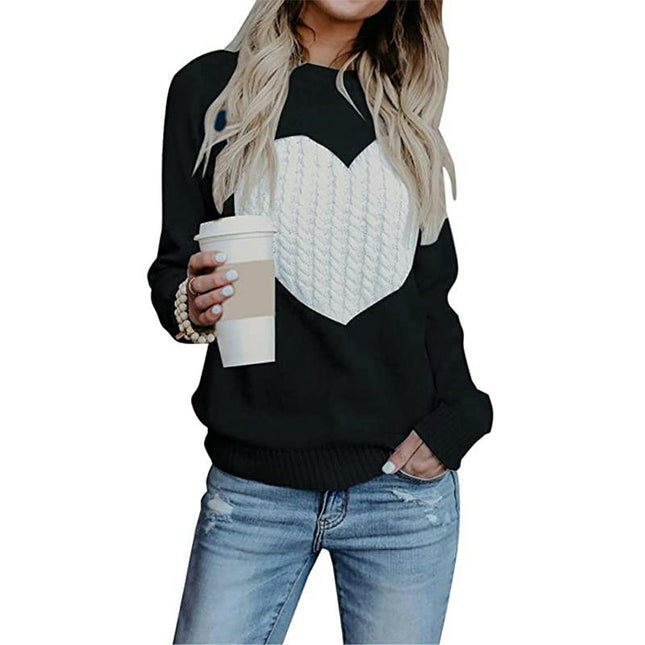 Women's Heart Sweaters Crewneck Knitted Pullover Long Sleeve Casual Top
