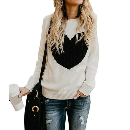 Women's Heart Sweaters Crewneck Knitted Pullover Long Sleeve Casual Top