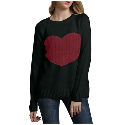 Women's Heart Sweaters Crewneck Knitted Pullover Long Sleeve Casual Top
