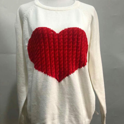 Women's Heart Sweaters Crewneck Knitted Pullover Long Sleeve Casual Top