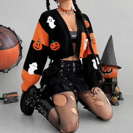 Women Ghost Halloween Cropped Long Sleeve Open Front Knitt Cardigan Sweater