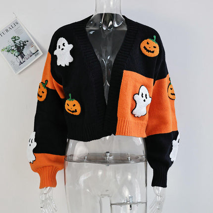 Women Ghost Halloween Cropped Long Sleeve Open Front Knitt Cardigan Sweater